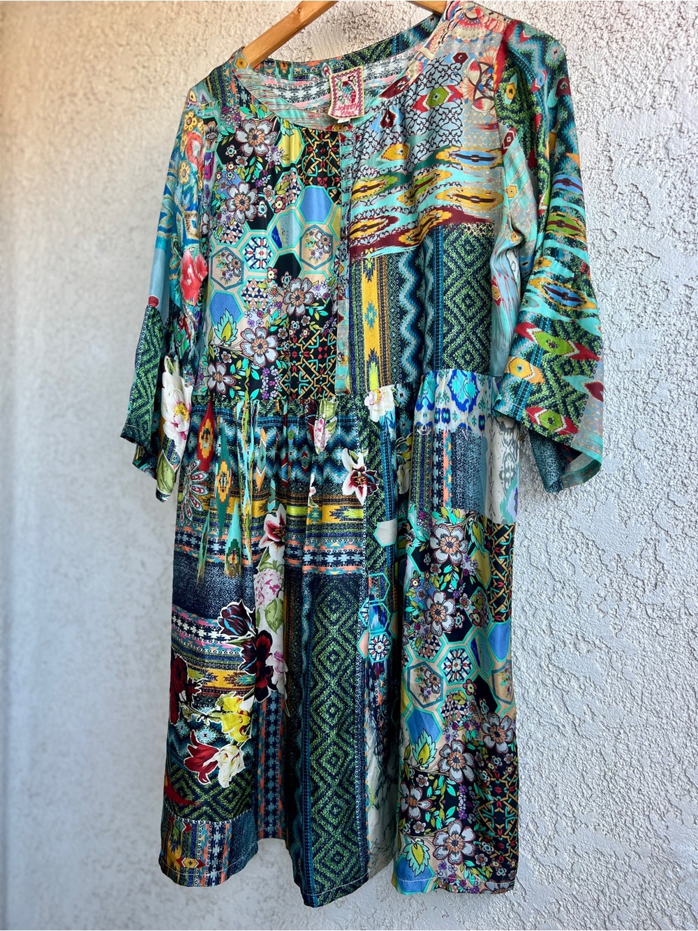 Johnny Was Nelsona Silk Teal, Green & Blue Patchwork Floral Midi Dress - Picture 6 of 11